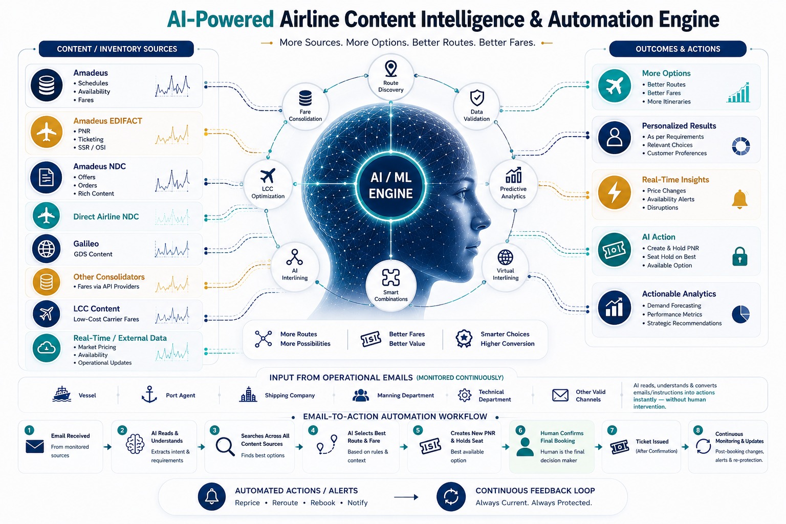 The MarineFly AI/ML engine. Eight content sources on the left — Amadeus schedules, availability and fares; Amadeus EDIFACT PNR, ticketing and SSR/OSI; Amadeus NDC offers, orders and rich content; direct airline NDC; Galileo GDS content; other consolidators via API; low-cost carrier content; and real-time external market pricing, availability and operational updates — run into an AI/ML engine drawn at the centre of a human brain, inside the profile of a head. Around it sit fare consolidation, route discovery, data validation, LCC optimisation, predictive analytics, AI interlining, virtual interlining and smart combinations. Five outcomes leave on the right: more options, personalised results, real-time insights, AI action to create and hold a PNR, and actionable analytics. Below, operational email from the vessel, port agent, shipping company, manning department, technical department and other valid channels is monitored continuously and converted into action through an eight-step workflow — email received, read and understood, searched across all content sources, best route and fare selected, PNR created and seat held, human confirms the final booking, ticket issued, then continuous monitoring and updates — with automated reprice, reroute, rebook and notify actions feeding a continuous loop.